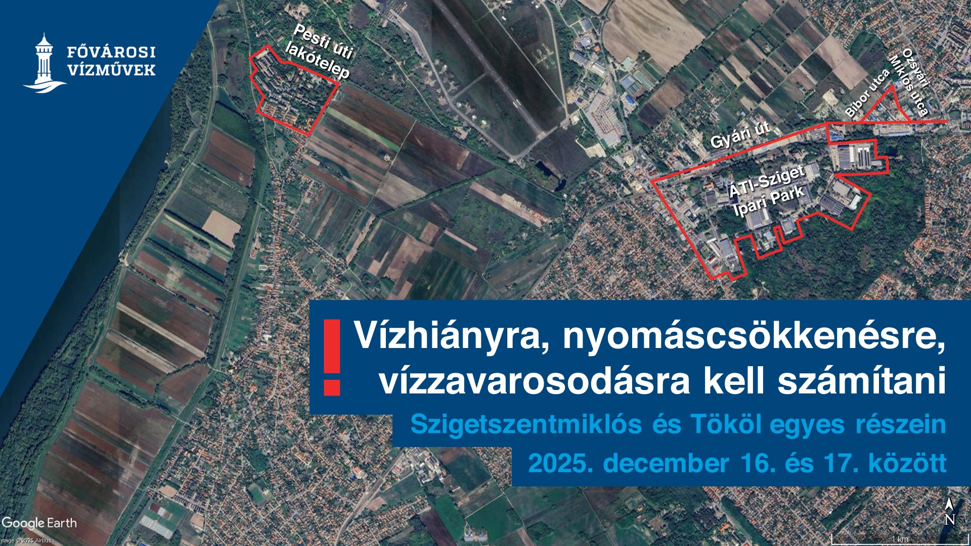 Vízhiányra, nyomáscsökkenésre és vízzavarosodásra kell számítani Szigetszentmiklós és Tököl egyes részein december 16. (kedd) és december 17. (szerda) között