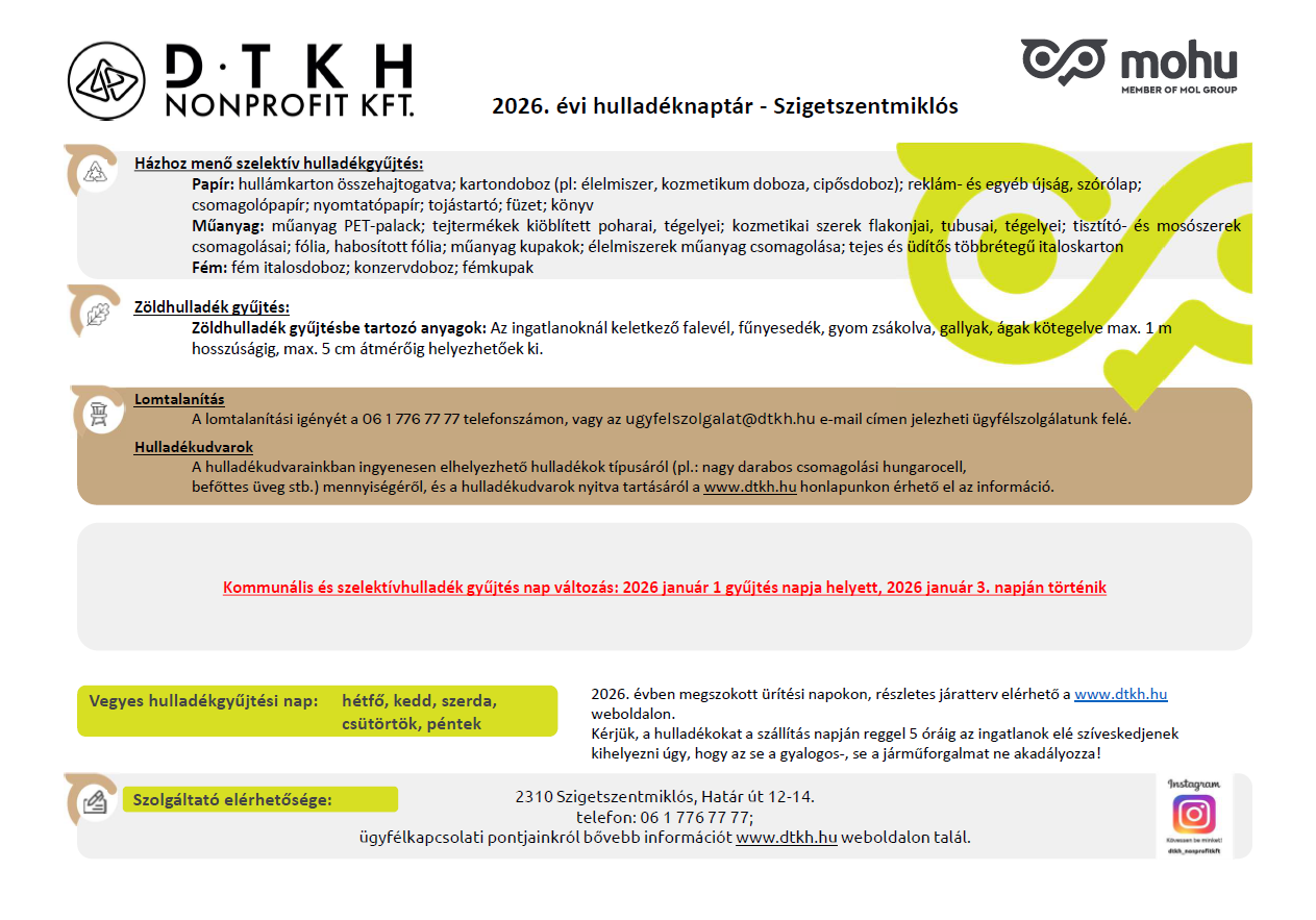 DTKH hulladéknaptár 2026 I félév 1. oldal