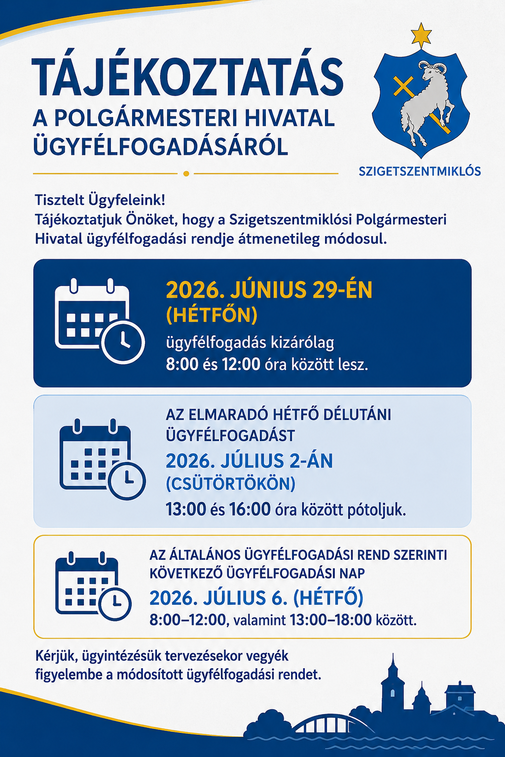 Tájékoztatás a Polgármesteri Hivatal ügyfélfogadásáról
