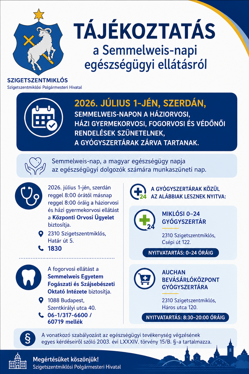 Tájékoztatás a Semmelweis-napi egészségügyi ellátásról