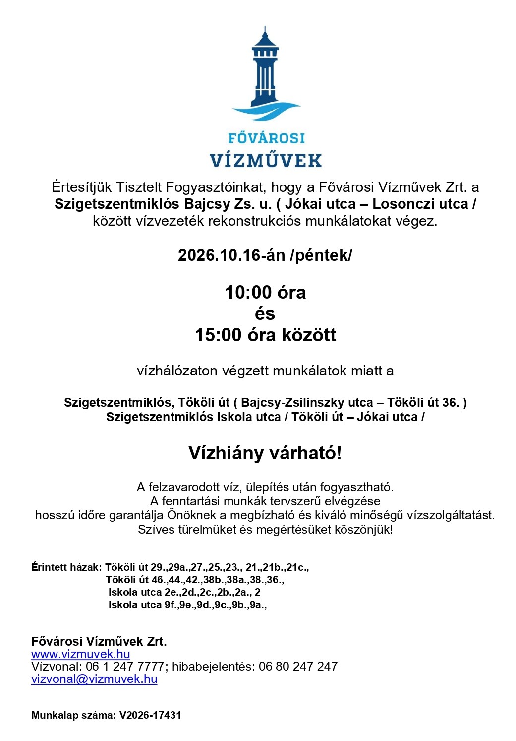 Tájékoztatás vízszolgáltatás szüneteléséről